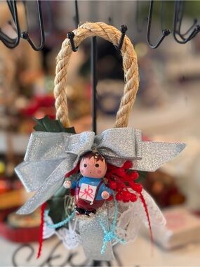Vintage 1980s Wooden Boy Christmas Wreath Ornament Jute Rope Door Bell